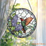 Hummingbird Stained Glass Suncatcher Purple Lilac Window Hanging Round Floral Glass Panel Nature Gift for Garden & Bird