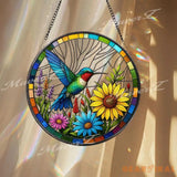 Hummingbird Stained Glass Window Panel - Colorful Suncatcher with Sunflowers - Handcrafted Bird Art Decor