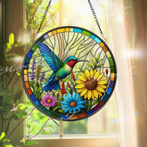 Hummingbird Stained Glass Window Panel - Colorful Suncatcher with Sunflowers - Handcrafted Bird Art Decor