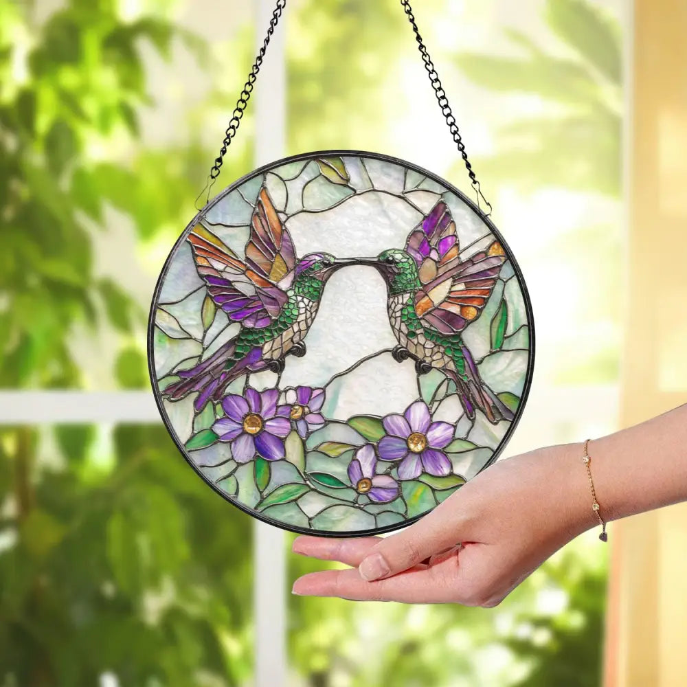 Hummingbirds Stained Glass Suncatcher Wildflowers Window Hanging Indoor Nature Decor Hummingbird Memorial Garden Lover