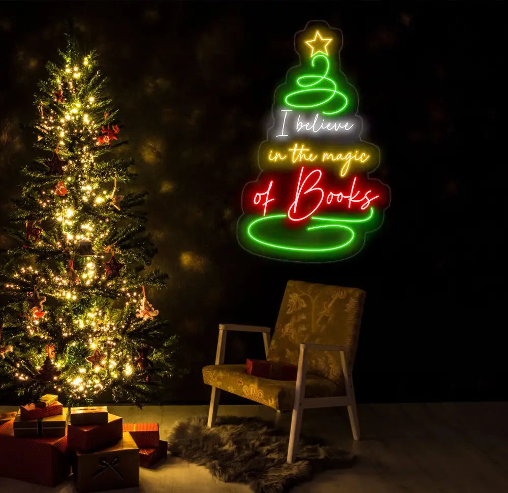 I Believe in the Magic of Books Neon Sign Christmas Tree Shaped Book Lover LED Light Custom Holiday Book Sign Gift for