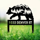 Custom Mountain Bear Address Sign: Personalized steel yard plaque with bear design. Ideal for cabin decor or as a thoughtful gift.