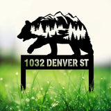 Custom Mountain Bear Address Sign: Personalized steel yard plaque with bear design. Ideal for cabin decor or as a thoughtful gift.