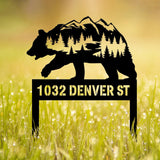 Custom Mountain Bear Address Sign: Personalized steel yard plaque with bear design. Ideal for cabin decor or as a thoughtful gift.