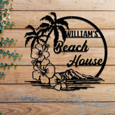 Custom Beach House Hawaiian Flower Scene Metal Wall Art LED Lights, Personalized Palm Tree Family Name Sign, Beach House Sign, Outdoor Decor