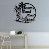 Custom Beach House Hawaiian Flower Scene Metal Wall Art LED Lights, Personalized Palm Tree Family Name Sign, Beach House Sign, Outdoor Decor