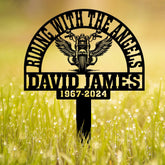 Personalized Motorcycle Memorial Stake: Custom metal plaque with wings, perfect for honoring a rider. Ideal sympathy gift, grave marker.