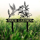 Personalized Custom Hummingbird Metal Garden Decor, Bird with Stakes, Flower Design, Custom Garden Name Sign, Perfect Home Gift