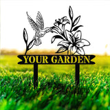 Personalized Custom Hummingbird Metal Garden Decor, Bird with Stakes, Flower Design, Custom Garden Name Sign, Perfect Home Gift