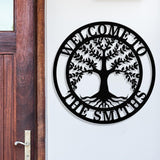 Personalized Metal Welcome Sign with Family Tree of Life Design, Custom Wall Art, Olive Tree Door Sign, Home Decor Wall Hanging