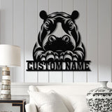 Customized Hippo Head Metal Wall Art LED Light, Personalized Wild Animal Metal Name Sign Decor, Hippopotamus Metal Light Wall Decor
