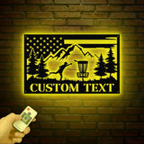 Personalized US Flag Disc Golf Metal Sign with LED Lights, Custom Disc Golfer Name Sign, Sports Wall Art, Gift for Dad, Home Decor