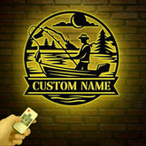 Personalized Fishing Metal Sign, Custom Trout Fish LED Wall Art, Outdoor Fishing Cabin Decor, Fisherman Name Sign, Gift for Dad