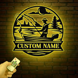 Personalized Fishing Metal Sign, Custom Trout Fish LED Wall Art, Outdoor Fishing Cabin Decor, Fisherman Name Sign, Gift for Dad