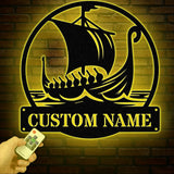 Custom Viking Ship Metal Wall Art with LED Lights, Viking Wall Art, Nordic Symbol Ship Sign, Viking Home Living Room Decor, Gift for Him