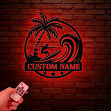 Personalized Wave Surfing Metal Sign with Led Light, Custom Surfer Name Sign, Water Sport Sign, Xmas Birthday Gift, Surf Shack Beach House