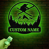 Custom Skiing Metal Sign with LED Lights - Personalized Ski Wall Art - Skier Gift Monogram - Ski Home Decor & Snow Skiing Sign