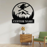 Custom Skiing Metal Sign with LED Lights - Personalized Ski Wall Art - Skier Gift Monogram - Ski Home Decor & Snow Skiing Sign