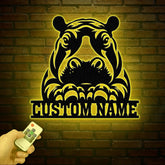 Customized Hippo Head Metal Wall Art LED Light, Personalized Wild Animal Metal Name Sign Decor, Hippopotamus Metal Light Wall Decor