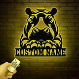 Customized Hippo Head Metal Wall Art LED Light, Personalized Wild Animal Metal Name Sign Decor, Hippopotamus Metal Light Wall Decor