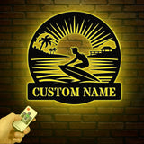Personalized Wave Surfing Metal Sign with Led Light, Custom Surfer Name Sign, Water Sport Sign, Xmas Birthday Gift, Surf Shack Beach House