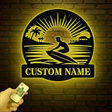 Personalized Wave Surfing Metal Sign with Led Light, Custom Surfer Name Sign, Water Sport Sign, Xmas Birthday Gift, Surf Shack Beach House