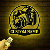 Custom Camera Metal Wall Art with LED Lights: Photographer Name Sign