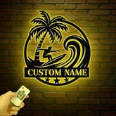 Personalized Wave Surfing Metal Sign with Led Light, Custom Surfer Name Sign, Water Sport Sign, Xmas Birthday Gift, Surf Shack Beach House