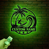 Personalized Wave Surfing Metal Sign with Led Light, Custom Surfer Name Sign, Water Sport Sign, Xmas Birthday Gift, Surf Shack Beach House