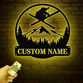 Custom Skiing Metal Sign with LED Lights - Personalized Ski Wall Art - Skier Gift Monogram - Ski Home Decor & Snow Skiing Sign