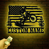 Personalized US Flag Dirt Bike Metal Sign with Led Light - Motocross Decor, Biker Name Sign, Outdoor Motorcycle Wall Art, Dirt Bike Gift