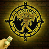 Personalized Bigfoot Compass Metal Wall Art with LED Light, Custom Sasquatch Forest Decor, Rustic Adventure Compass Sign, Nature Lover Gift
