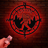 Personalized Bigfoot Compass Metal Wall Art with LED Light, Custom Sasquatch Forest Decor, Rustic Adventure Compass Sign, Nature Lover Gift