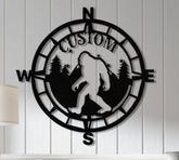 Personalized Bigfoot Compass Metal Wall Art with LED Light, Custom Sasquatch Forest Decor, Rustic Adventure Compass Sign, Nature Lover Gift