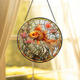 Goldfish Stained Glass Suncatcher, Floral Wreath Sign, Under The Sea Window Hangings For Garden, Mother's Day Gift, Goldfish Ornament