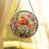 Goldfish Stained Glass Suncatcher, Floral Wreath Sign, Under The Sea Window Hangings For Garden, Mother's Day Gift, Goldfish Ornament