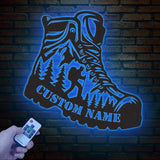 Custom Hiker Boot Mountain Metal Wall Art with LED Light, Hiking Metal Sign, Nature Lover Wall Decor, Adventure Gift for Hikers or Cabin
