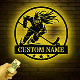 Personalized Girl Ice Hockey Metal Wall Art LED Light, Custom Hockey Player Stick Sign, Sports Wall Art, Gift for Hockey Lovers
