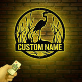 Custom Metal Heron Metal Sign with Led Lights, Personalized Heron Sign, Metal Heron Bird Art, Blue Heron Decor, Pond Decor, Beach Lake Sign