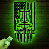 Personalized US Flag Disc Golf Metal Sign with LED Lights, Custom Disc Golfer Name Sign, Sports Wall Art, Gift for Dad, Home Decor