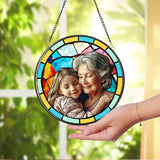Personalized Grandma And Grandkids Portrait Faux Stained Glass, Custom Photo Family Window Hanging Ornament, Christmas Gift For Mom, Grandma