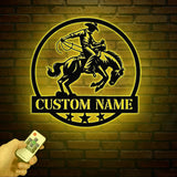 Western Riding Cowboy Metal Sign with Led Lights, Horse Lover Gift, Ranch Sign, Personalized Rodeo Name Sign, Cowboy Wall Art