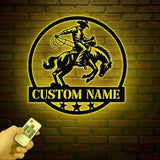 Western Riding Cowboy Metal Sign with Led Lights, Horse Lover Gift, Ranch Sign, Personalized Rodeo Name Sign, Cowboy Wall Art