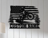 Personalized US Flag Dirt Bike Metal Sign with Led Light - Motocross Decor, Biker Name Sign, Outdoor Motorcycle Wall Art, Dirt Bike Gift