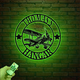 Custom Airplane Hangar Metal Sign with Led Lights- Personalized Pilot Name Wall Art - Aviation Lover Gift - Man Cave Airplane Decor