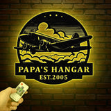 Custom Airplane Hangar Metal Sign with Led Lights- Personalized Pilot Name Wall Art - Aviation Lover Gift - Man Cave Airplane Decor