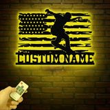 Personalized Us Flag Skater Metal Wall Art with Led Light, Custom Skateboard Name Sign, Nursery Decor, Skating Sign, Kid Room Decor