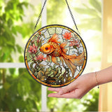 Goldfish Stained Glass Suncatcher, Floral Wreath Sign, Under The Sea Window Hangings For Garden, Mother's Day Gift, Goldfish Ornament