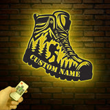 Custom Hiker Boot Mountain Metal Wall Art with LED Light, Hiking Metal Sign, Nature Lover Wall Decor, Adventure Gift for Hikers or Cabin