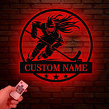 Personalized Girl Ice Hockey Metal Wall Art LED Light, Custom Hockey Player Stick Sign, Sports Wall Art, Gift for Hockey Lovers